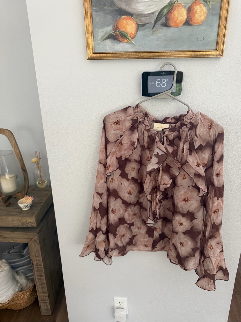 NWT MELLODAY Mauve and Plum Floral Tie-Neck Blouse